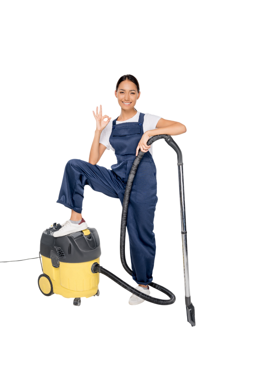 Lady holding a vacuum cleaner